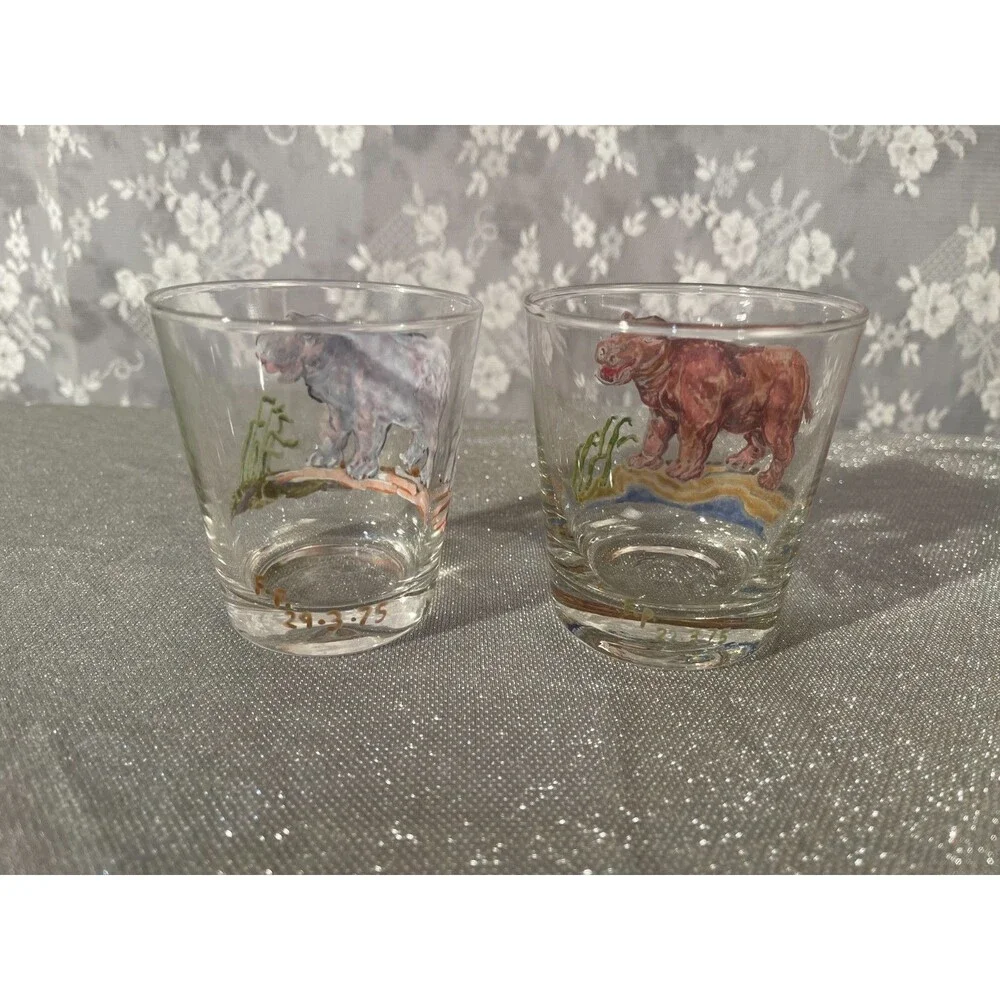 Vintage 70s Hippo Whiskey Glasses Set of Two 1970s Retro Hand Painted Hippos